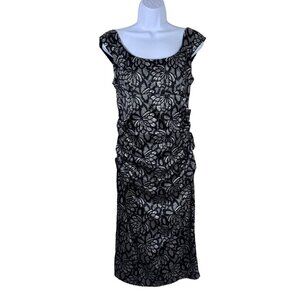 London Times Satin Black Ivory Floral Midi Dress Evening Cocktail Party Sz 10